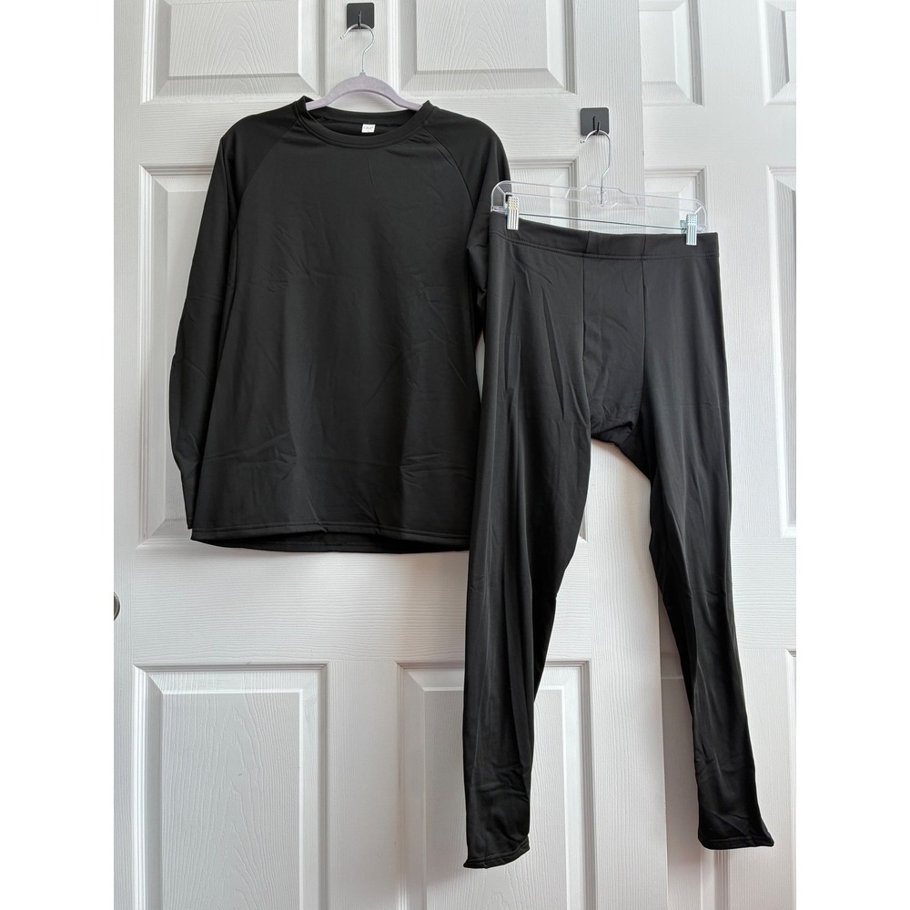OKP Mens Thermal Underwear Set Black Long Sleeve Top & Bottom Base Layer Large